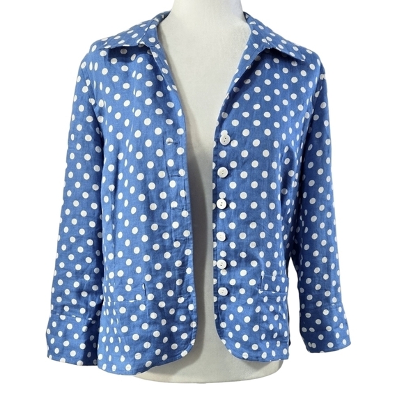 Talbots 100% Linen Blue White Polka Dot Button-Up Jacket Lightweight Pockets - Picture 1 of 9